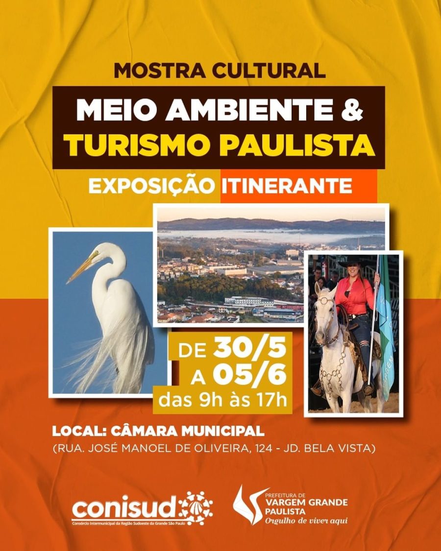 A partir do dia 30/5 até 5/6, das 9h às 17h, Vargem Grande Paulista será palco da mostra cultural "Meio Ambiente & Turismo Paulista" na Câmara Municipal de VGP, localizada na Rua José Manoel de Oliveira, 124, Jd. Bela Vista.