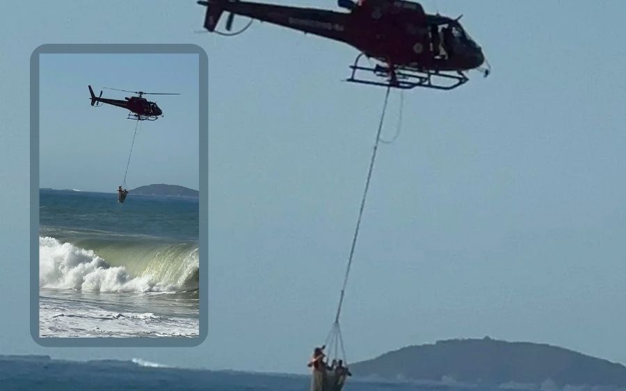 Adolescente  resgatado do mar com o uso de um helicóptero. (Foto: Defesa Civil de Maricá)