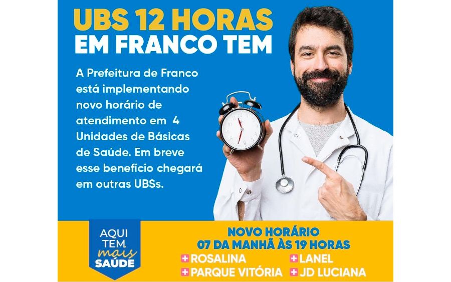 Com a iniciativa "Chegou, Passou", ampliamos o horário de atendimento nas UBSs da Vila Rosalina, Jardim Luciana, Parque Vitória e Parque Lanel, das 7h às 19h, de segunda a sexta-feira, assegurando um acesso mais ágil e de qualidade aos cuidados de saúde mais próximo de você.