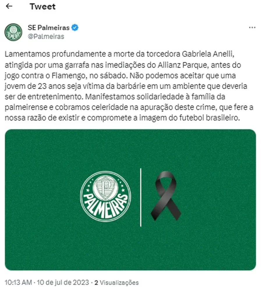 Palmeiras lamentou a morte de torcedora