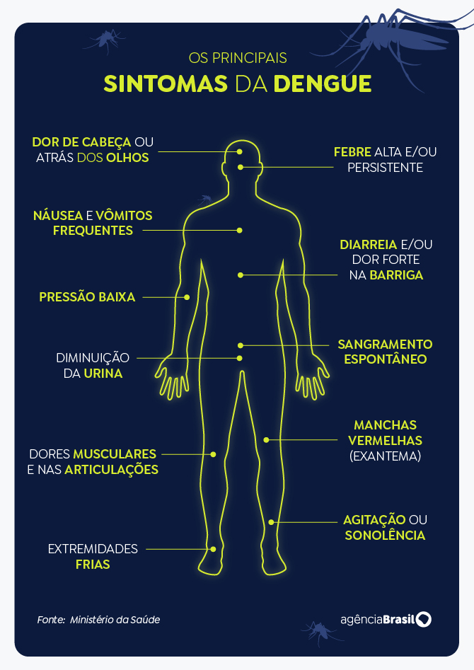 A dengue é causada por um vírus transmitido pelo mosquito Aedes aegypti e seus sintomas incluem febre alta, dor atrás dos olhos, dor no corpo, manchas avermelhadas na pele, coceira, náuseas e dores musculares e articulares. A prevenção é crucial e envolve a eliminação de criadouros do mosquito, como recipientes com água parada e pneus usados.