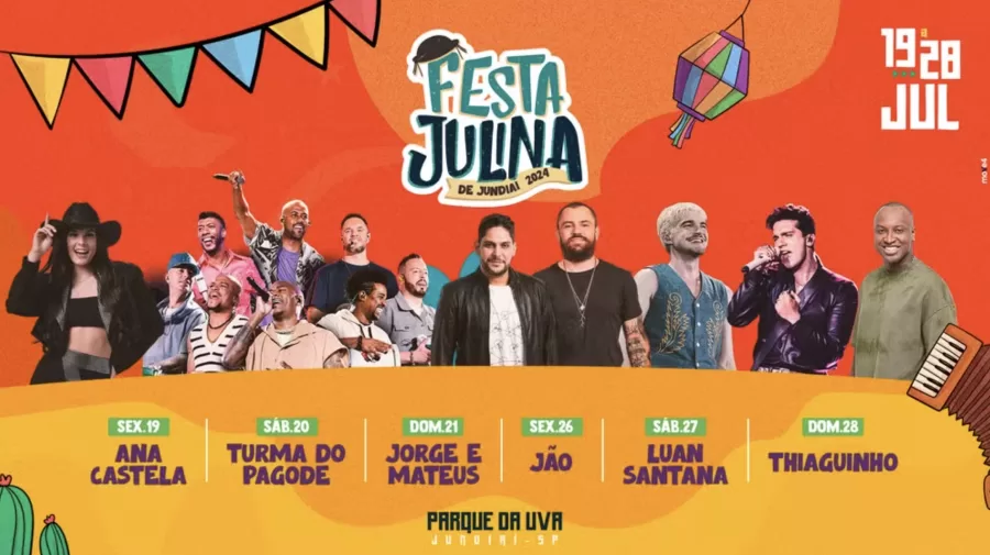 A Festa Julina de Jundiaí acontece no Parque da Uva, com portões abertos às 17h nas sextas-feiras e ao meio-dia nos sábados e domingos. Ingressos estão disponíveis online.