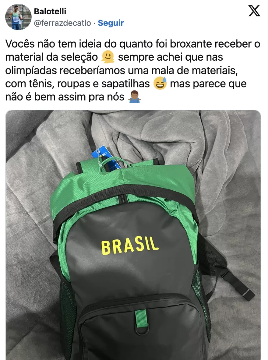 Atletas brasileiros para os Jogos de Paris 2024 reclamaram da qualidade dos uniformes fornecidos pelo COB. José Fernando Ferreira, o Balotelli, afirmou que precisou comprar sapatilhas do próprio bolso.