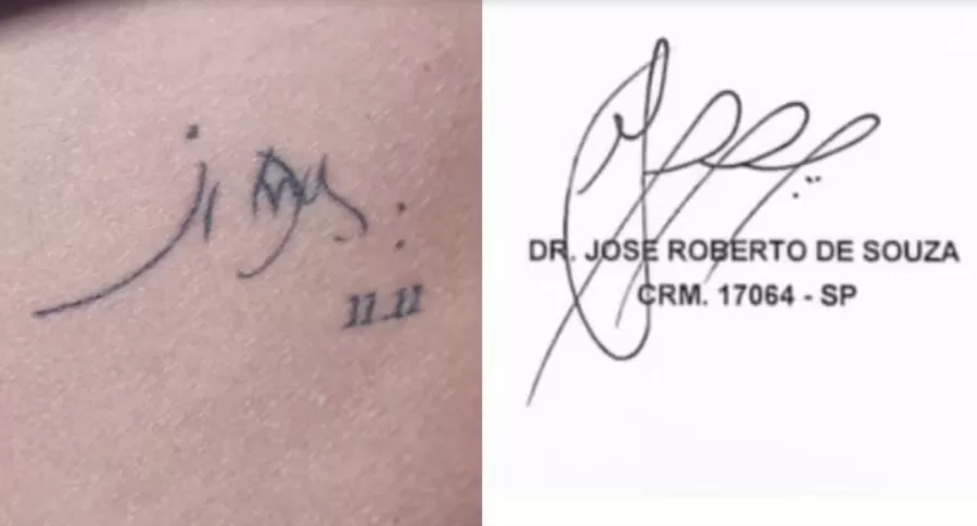 Aline Souza, filha do médico José Roberto de Souza, mostrou uma tatuagem com a assinatura verdadeira do pai. Ela comparou a assinatura tatuada com a do documento e destacou as diferenças, reforçando a falsidade.