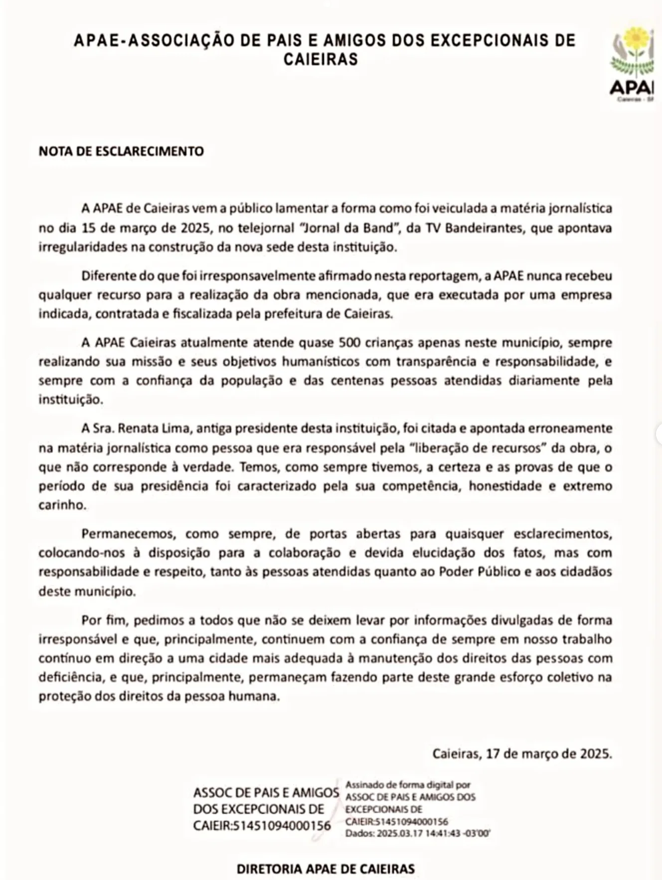 Nota de Esclarecimento da APAE.