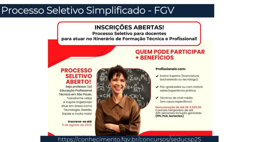 Último dia para inscrição de docentes técnicos pela FGV