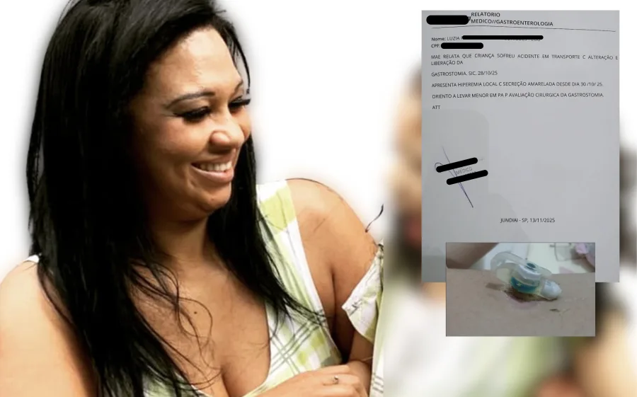 O documento identifica a paciente e registra: “mãe relata que em uma viagem de transporte de ambulância de más condições, apresentou dor em região abdominal, e após alguns dias estourou botão de gastrostomia, em tratamento de infecção local, sem melhoras. Solicito auxílio e atendimento de pronto socorro imediato.”