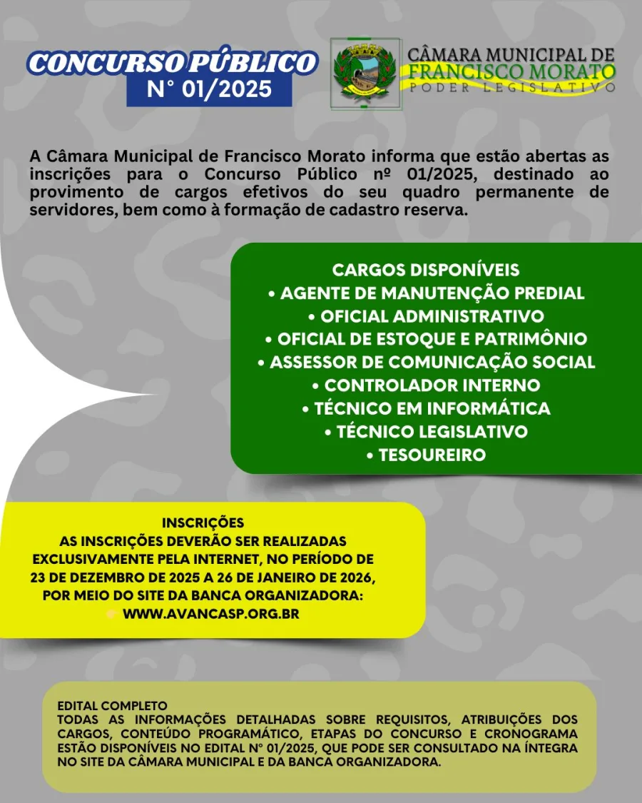 Câmara de Francisco Morato lança concurso com 8 vagas e cadastro reserva, salários até R$ 4.789,98, benefícios, inscrições até 26/01 e prova em 1º de março.