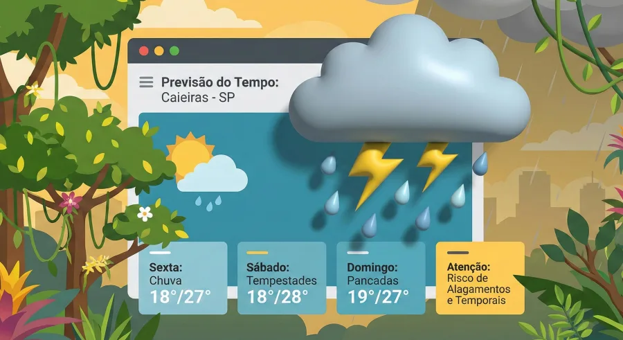 Caieiras enfrenta um fim de semana de alerta total com previsão de tempestades severas. Calor e umidade trazem chuva forte, raios e alto risco de alagamentos entre a tarde e a noite de sexta a domingo.