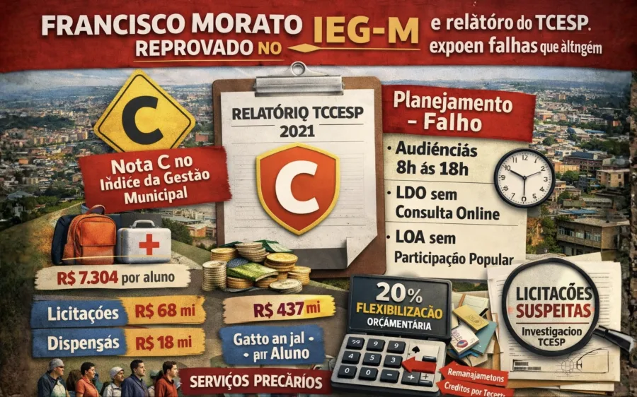 Francisco Morato cai para nota C no IEG-M e relatório do TCESP expõe falhas que atingem planejamento, controle e serviços públicos