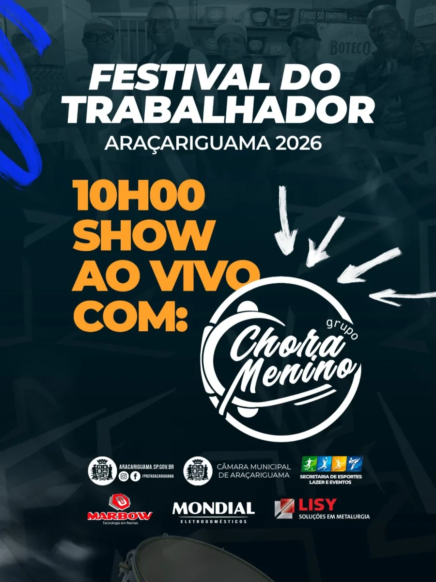 10h00 Show ao vivo com o grupo Chora Menino anima o público com música ao longo da manhã no Festival do Trabalhador