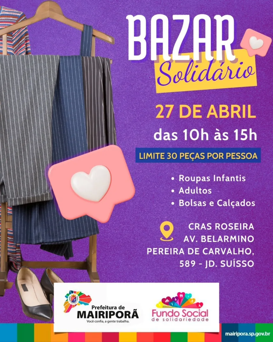O evento disponibiliza itens variados, incluindo vestuário e calçados, com organização voltada ao atendimento de moradores em um único dia.