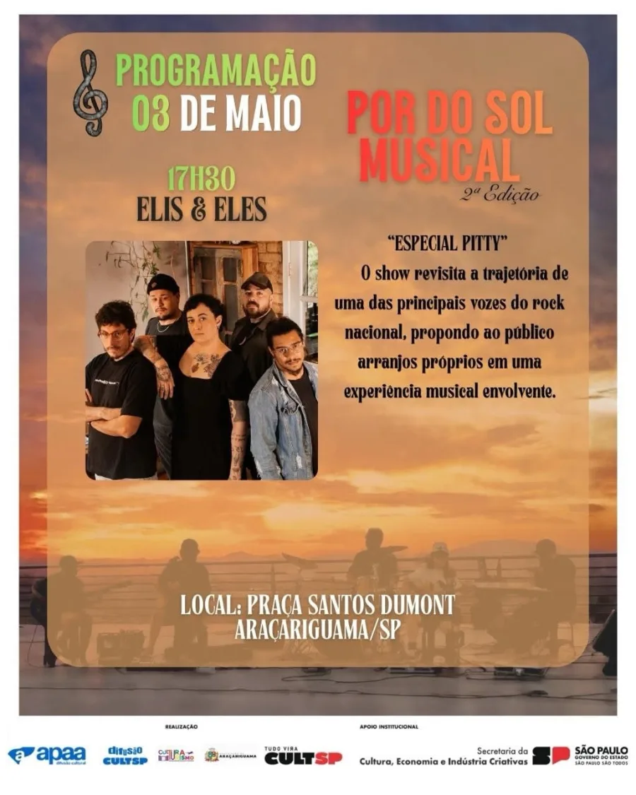 Elis & Eles se apresentam às 17h30 com especial dedicado à Pitty, revisitando sucessos do rock nacional com novos arranjos e proposta musical envolvente para diferentes públicos.