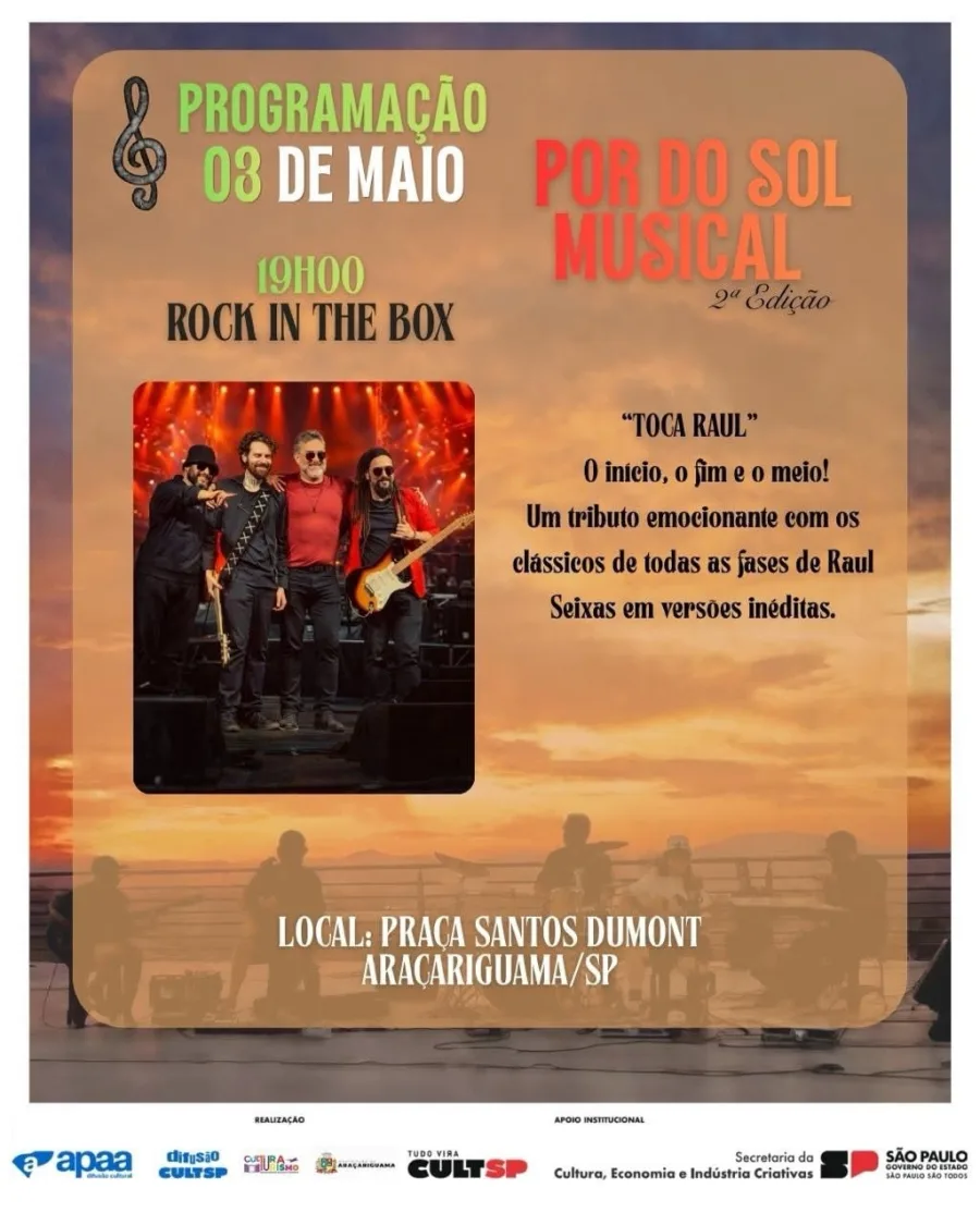 Rock in The Box encerra às 19h00 com tributo a Raul Seixas, reunindo clássicos de várias fases do artista em versões que resgatam a essência do rock brasileiro ao vivo.