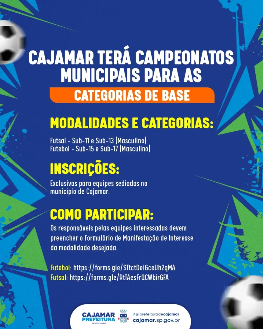 Novos campeonatos esportivos em Cajamar passam a incluir categorias Sub-11 a Sub-17. Inscrições são voltadas a equipes locais e marcam mudança no formato das competições.