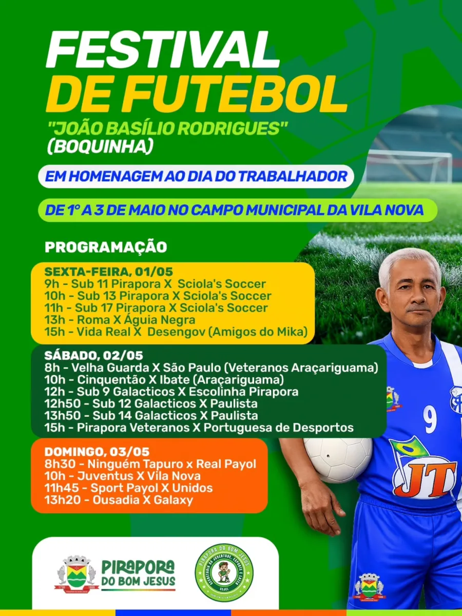 A competição inclui categorias de base, equipes veteranas e times amadores, com confrontos organizados por faixa etária e nível técnico. A tabela oficial detalha horários, equipes participantes e estrutura completa do torneio, que promete movimentar o cenário esportivo da cidade durante o feriado prolongado.