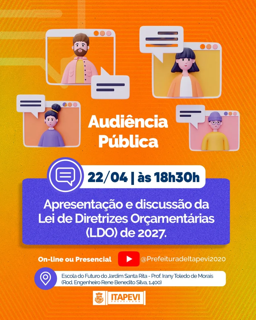 O encontro será realizado presencialmente na Escola do Futuro do Jardim Santa Rita, com transmissão ao vivo pelo canal oficial da Prefeitura no YouTube, permitindo que moradores acompanhem e participem do planejamento financeiro e administrativo da cidade.