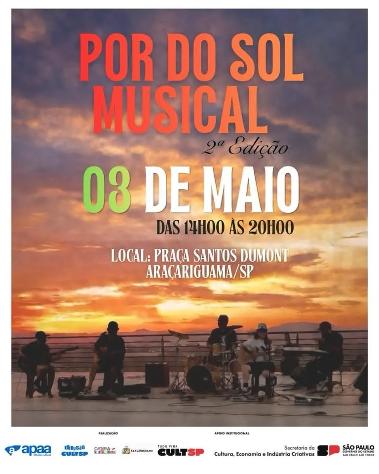 Com início às 14h00 e atividades até 20h00, o Pôr do Sol Musical chega à segunda edição com apresentações ao vivo, reunindo estilos variados e criando um ambiente voltado ao lazer, cultura e convivência social.