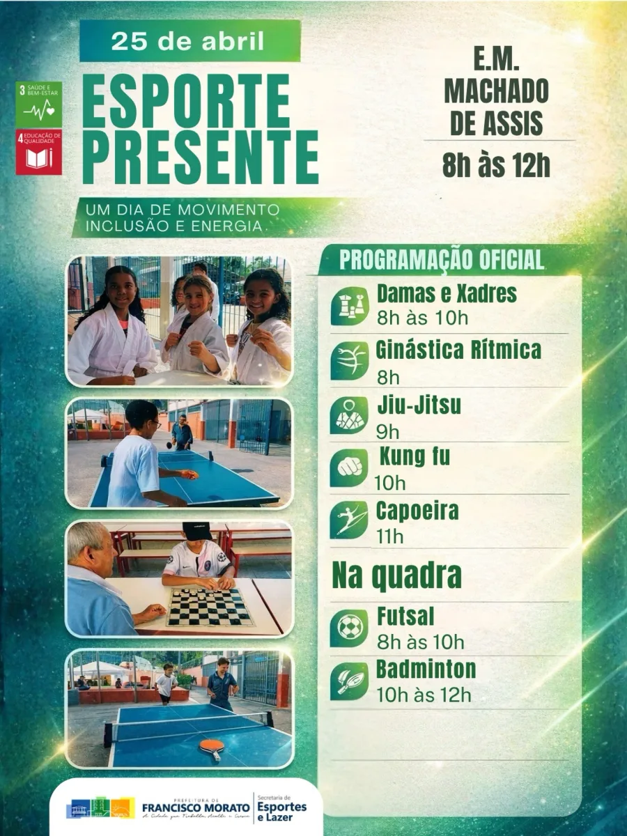 A iniciativa acontece na E.M. Machado de Assis e reúne modalidades esportivas variadas, com foco em incentivar hábitos saudáveis e ampliar o acesso ao esporte.