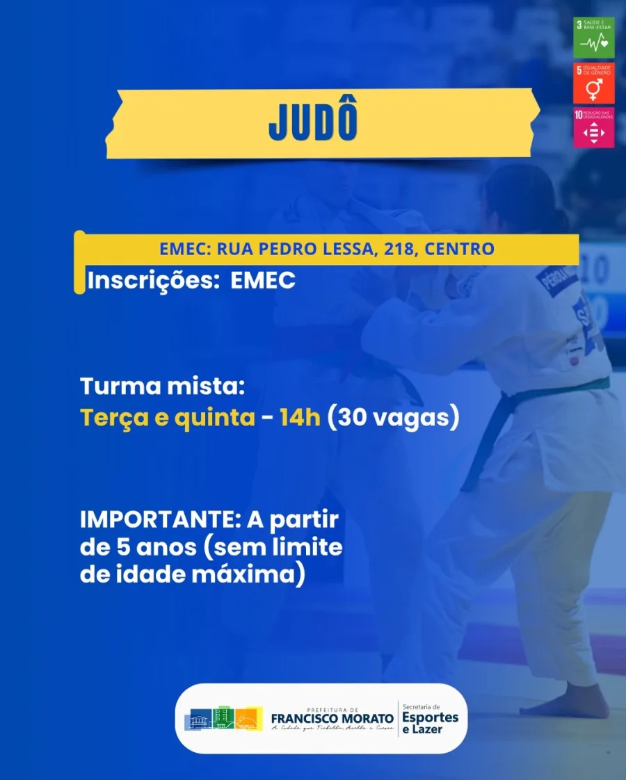 Já o judô funciona no EMEC, também no Centro, com uma turma às terças e quintas, às 14h. São 30 vagas e a idade mínima é de 5 anos, sem limite máximo.