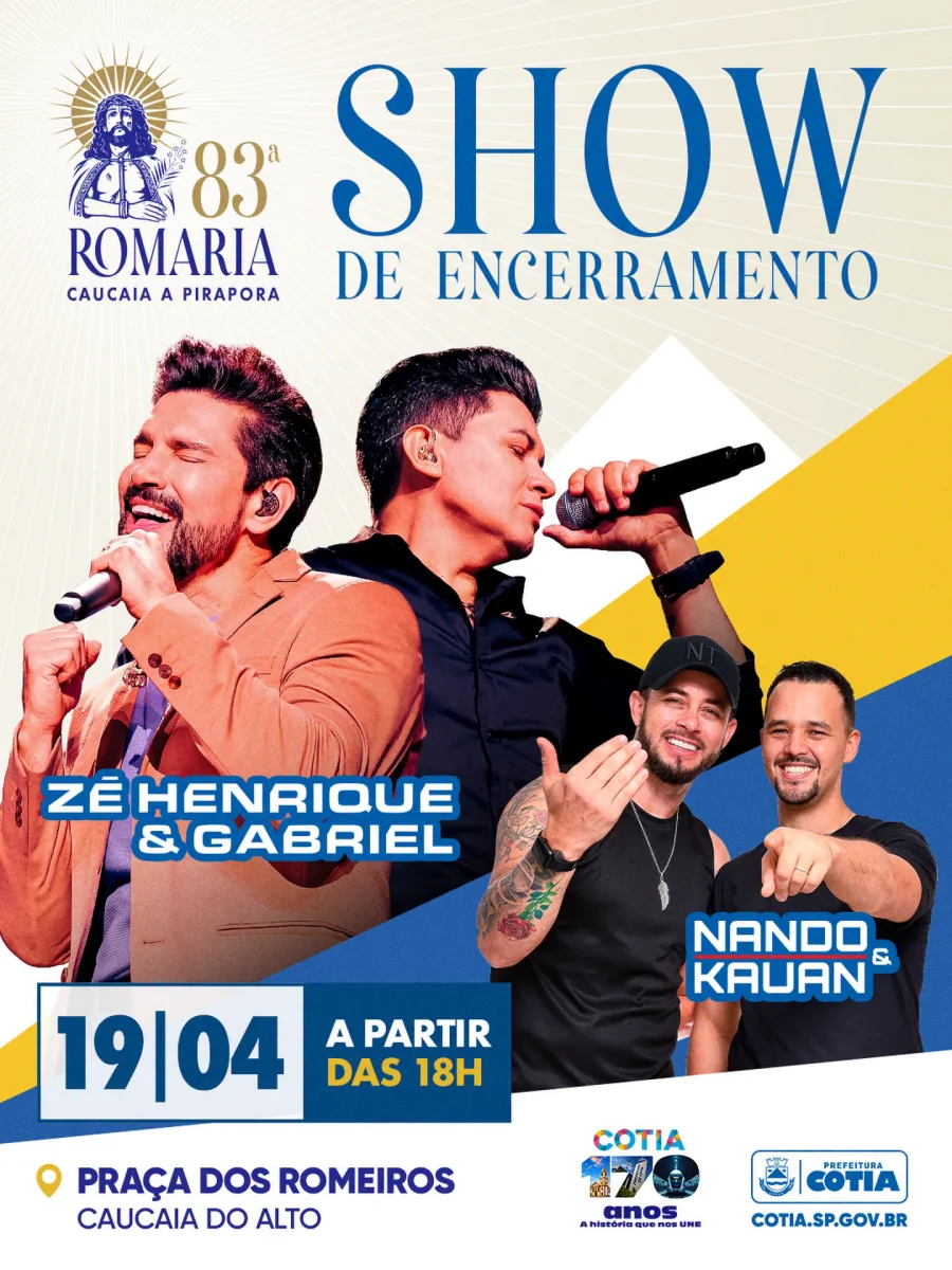 Evento em Cotia reúne shows gratuitos no encerramento da romaria, com duplas sertanejas e programação aberta ao público neste domingo.