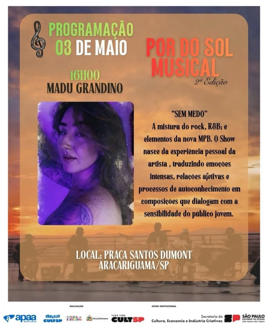 Madu Grandino sobe ao palco às 16h00 com "Sem Medo", unindo rock, R&B e MPB em composições que exploram emoções, relações e vivências pessoais com forte conexão com o público jovem.
