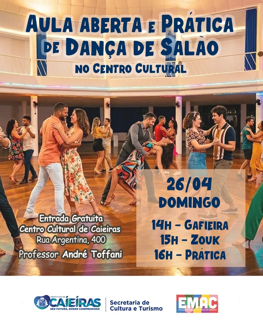 Promovido pela Secretaria de Cultura e Turismo, o evento acontece no Centro Cultural da cidade e inclui, além das aulas, um momento de prática com diferentes ritmos. A iniciativa integra ações voltadas à ampliação do acesso à formação cultural no município.