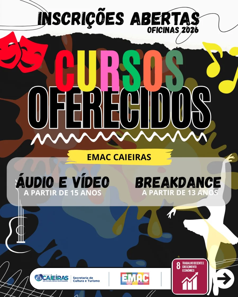 Caieiras abre inscrições para oficinas culturais de áudio, vídeo e breakdance com vagas limitadas
