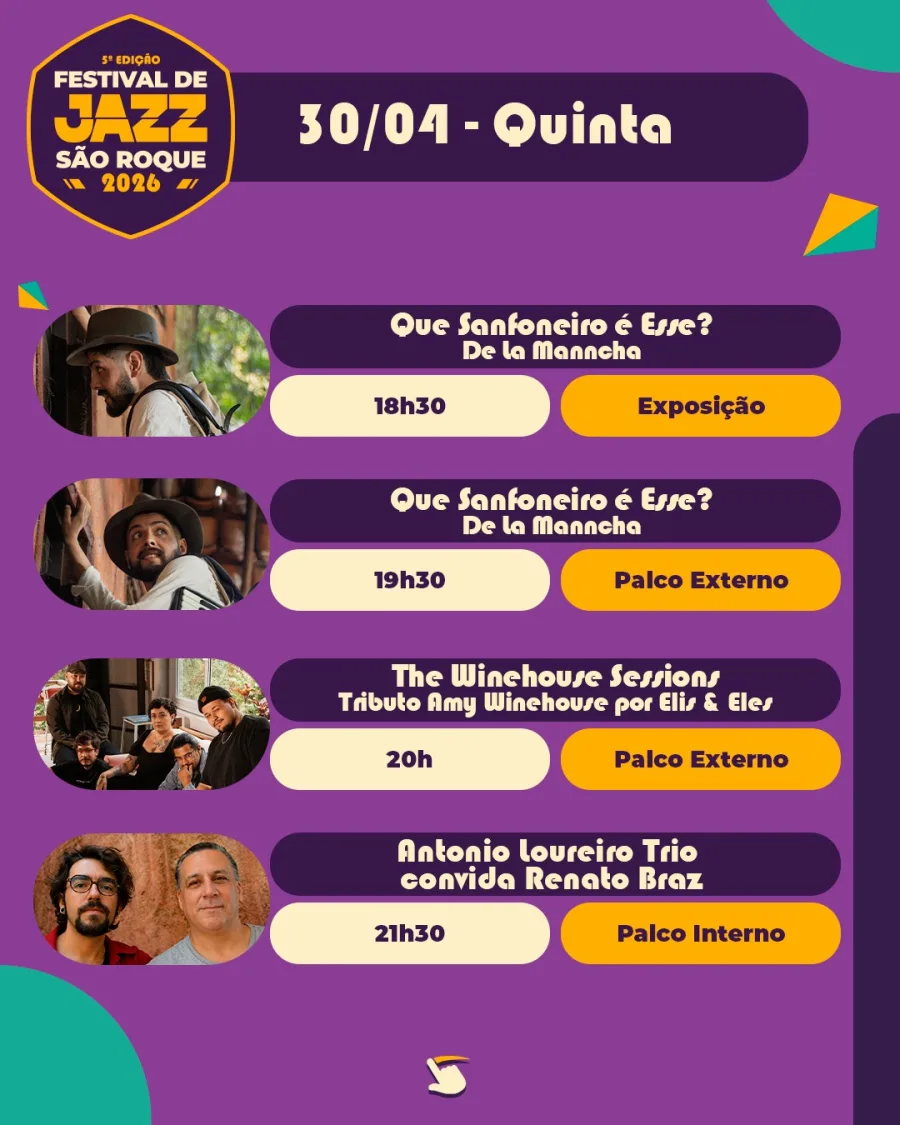 A abertura na quinta, dia 30, mistura exposição, show e tributo a Amy Winehouse. A noite fecha com Antonio Loureiro Trio, mantendo o clima mais técnico no palco interno.