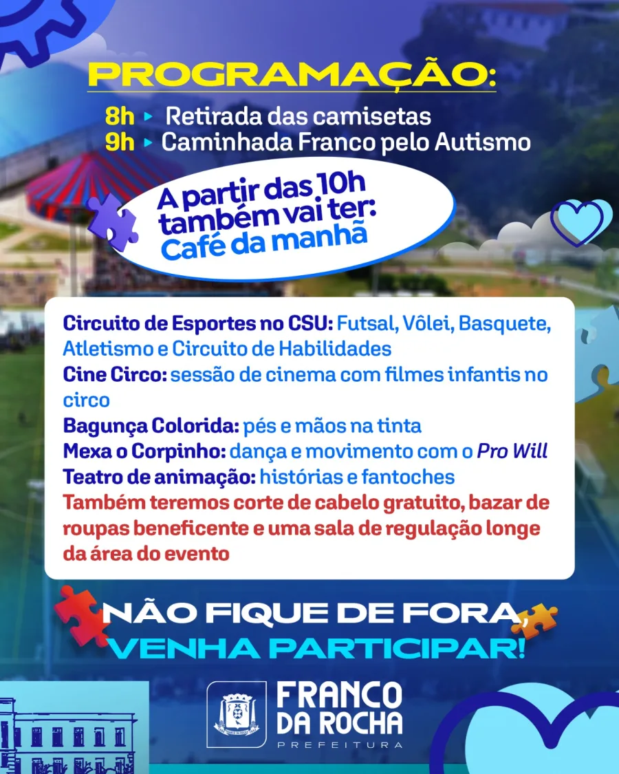 O evento faz parte das ações do Abril Azul e contará com caminhada, oficinas, apresentações e serviços voltados ao público, com início a partir das 8h.