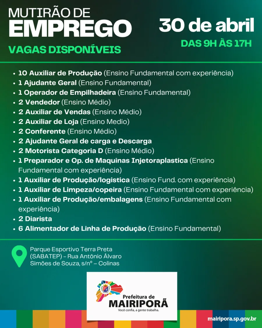 O mutirão ocorre no Parque Esportivo Terra Preta e deve atrair grande público. A recomendação é chegar cedo para garantir atendimento no mesmo dia.