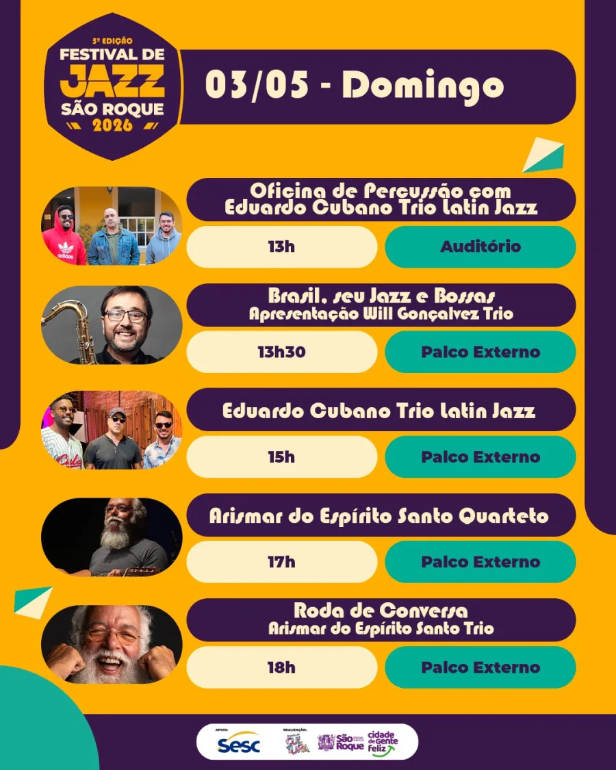 O domingo muda o tom e começa mais cedo. Tem oficina de percussão, shows ao longo da tarde e roda de conversa com Arismar, puxando um clima mais próximo do público.