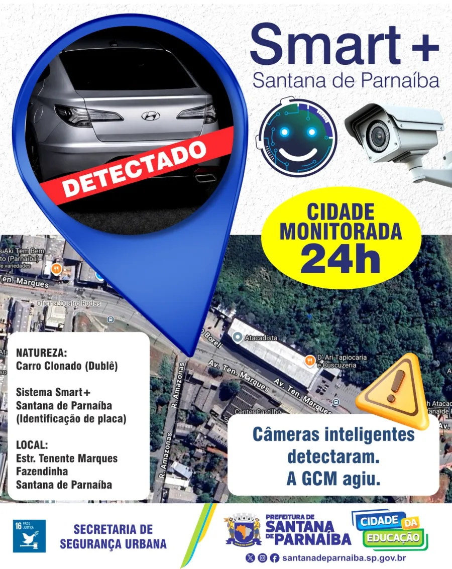 A ocorrência evoluiu com rastreamento, acompanhamento e abordagem do automóvel, reforçando o uso de tecnologia integrada nas ações de segurança no município.