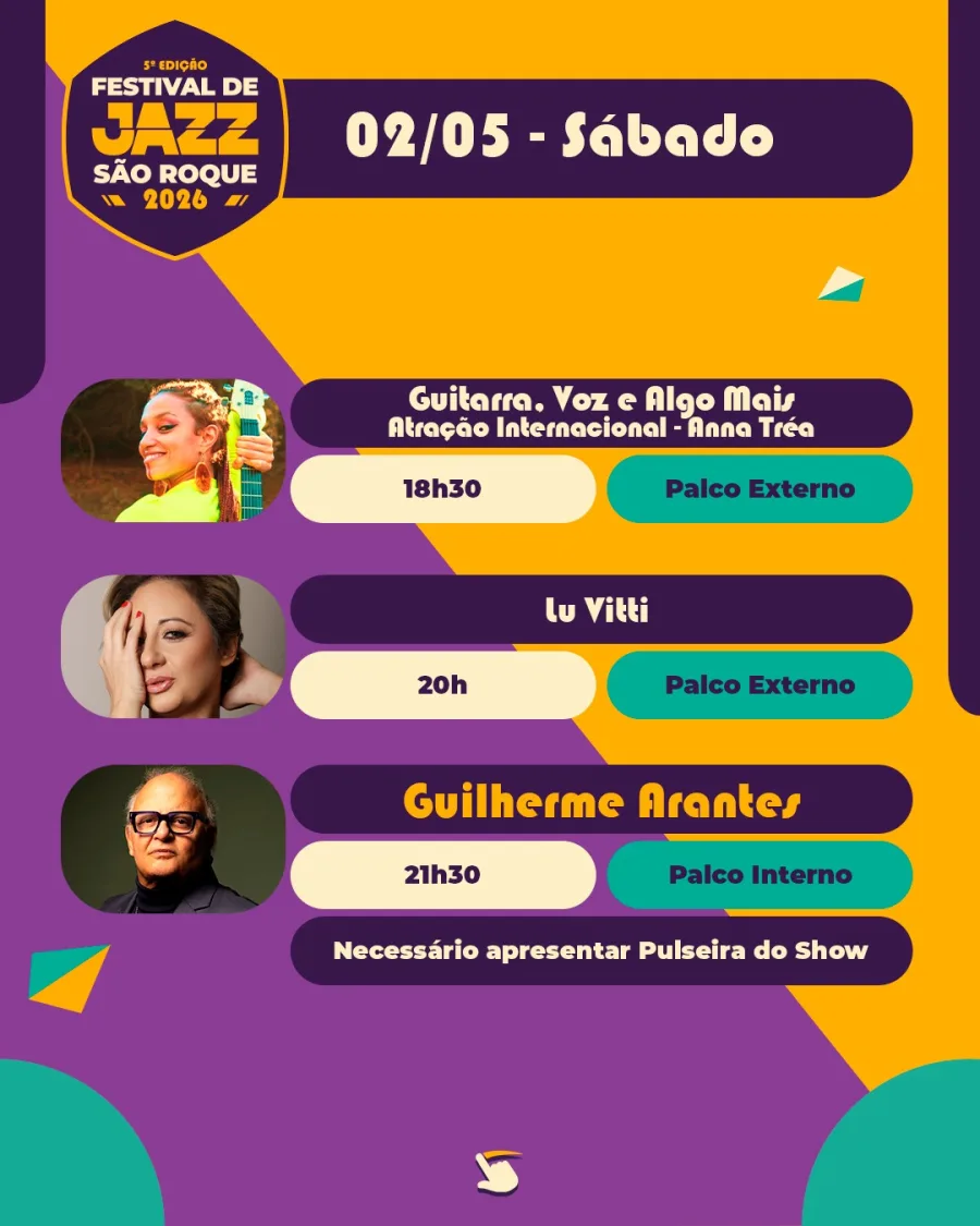 O sábado aposta em nomes populares. Ana Tréa abre, Lu Vitti mantém o ritmo e Guilherme Arantes fecha a noite no palco interno, concentrando a maior expectativa.