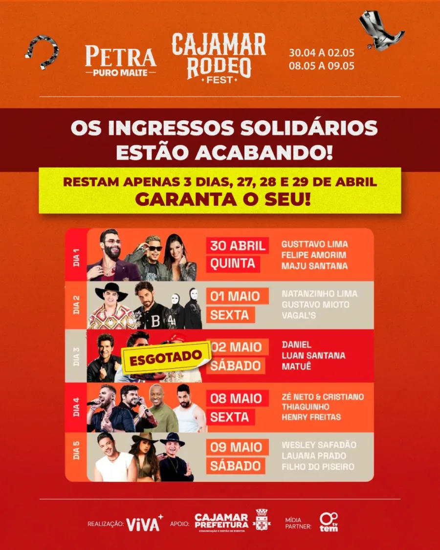 Com apresentações entre 30 de abril e 9 de maio, o evento mantém o modelo de ingresso mediante doação de itens de higiene, com limite por CPF e pontos físicos de retirada em Cajamar.