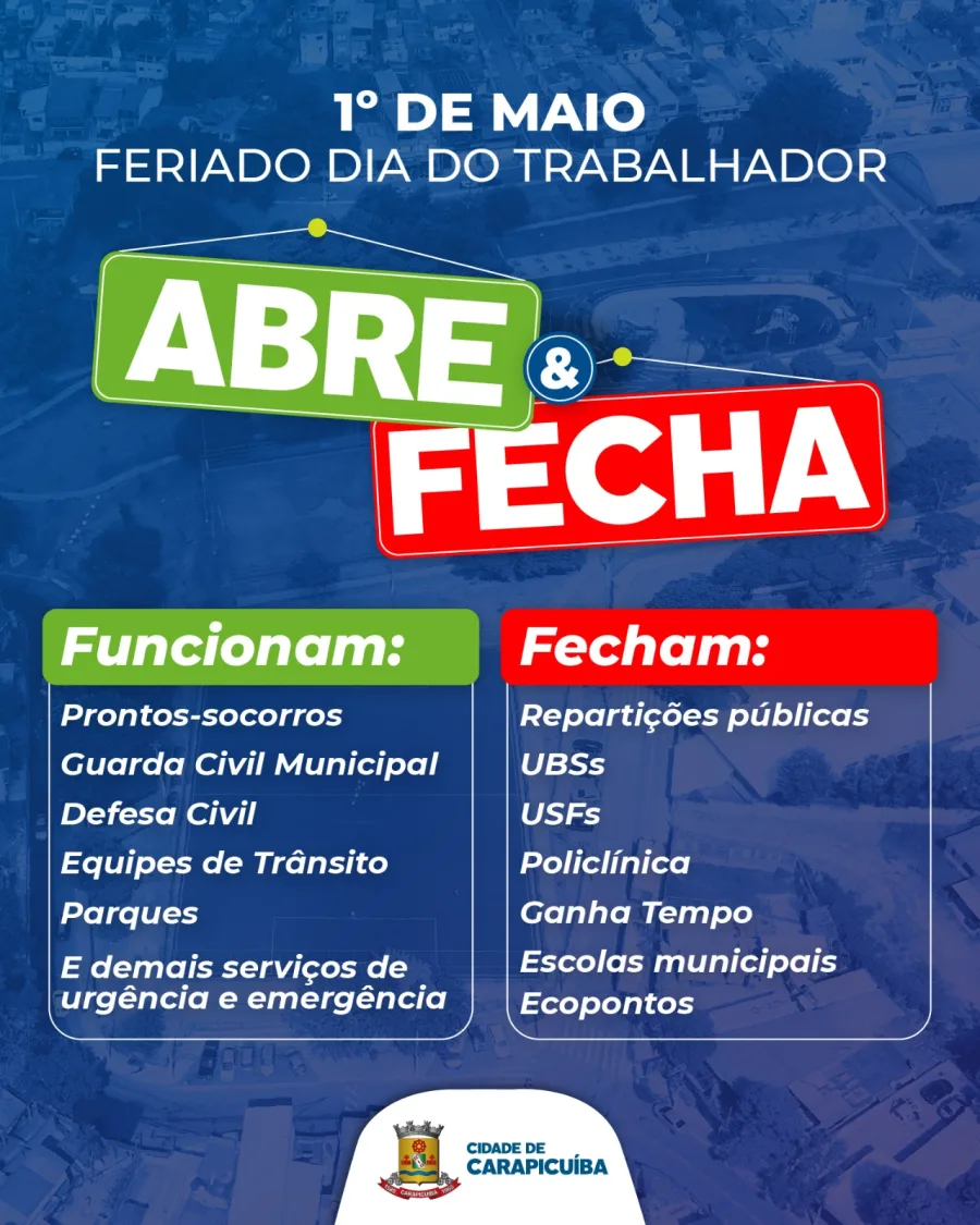 Enquanto atendimentos essenciais seguem ativos normalmente, parte das unidades públicas não abre durante o feriado. Os ecopontos, por exemplo, terão funcionamento diferenciado no dia seguinte, sábado, 2 de maio, com horário reduzido.