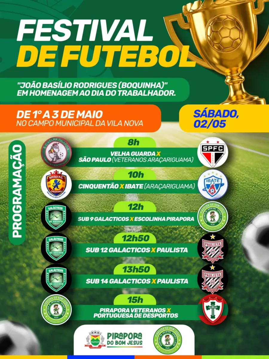 A programação inclui confrontos de veteranos, categorias de base e equipes locais, com seis jogos confirmados ao longo do dia. O evento segue no domingo, 3 de maio, a partir das 8h30, ampliando a agenda esportiva na cidade.