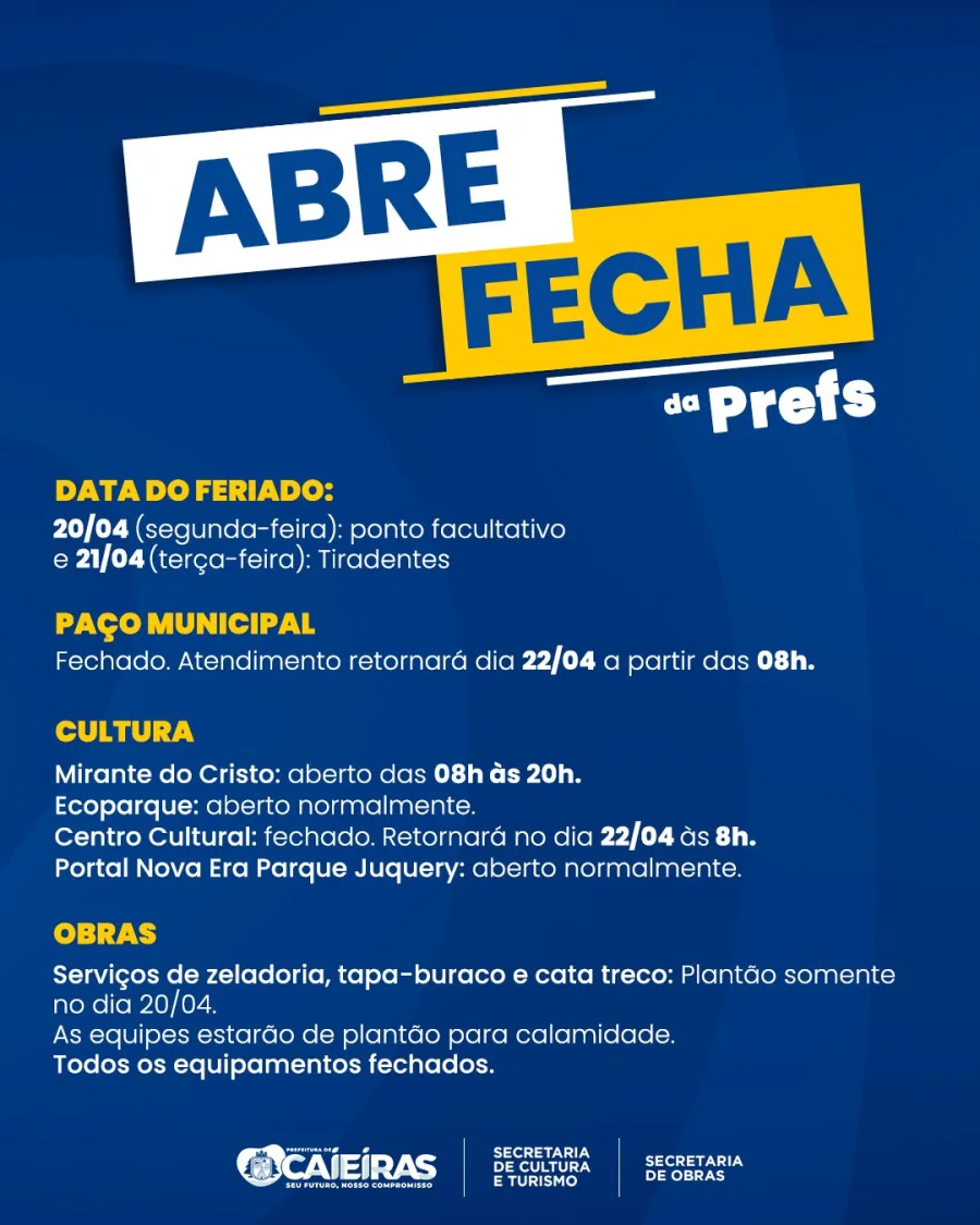 Feriado em Caieiras: veja o que abre e fecha nos dias 20 e 21 de abril