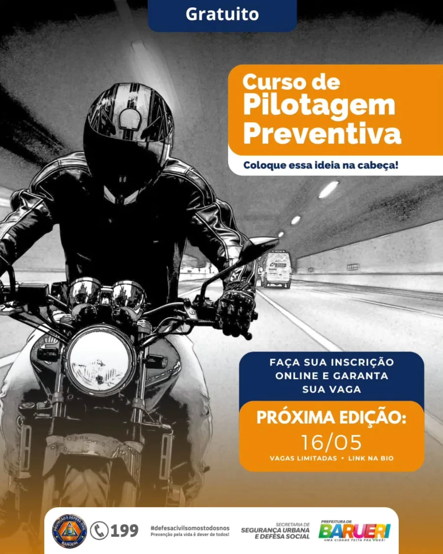 Com vagas limitadas e data já definida para 16 de maio, o curso tem como foco a prevenção de acidentes e a conscientização no trânsito. As inscrições são feitas online, e a organização orienta que os participantes confirmem presença ou cancelem com antecedência para garantir melhor aproveitamento das vagas disponíveis.