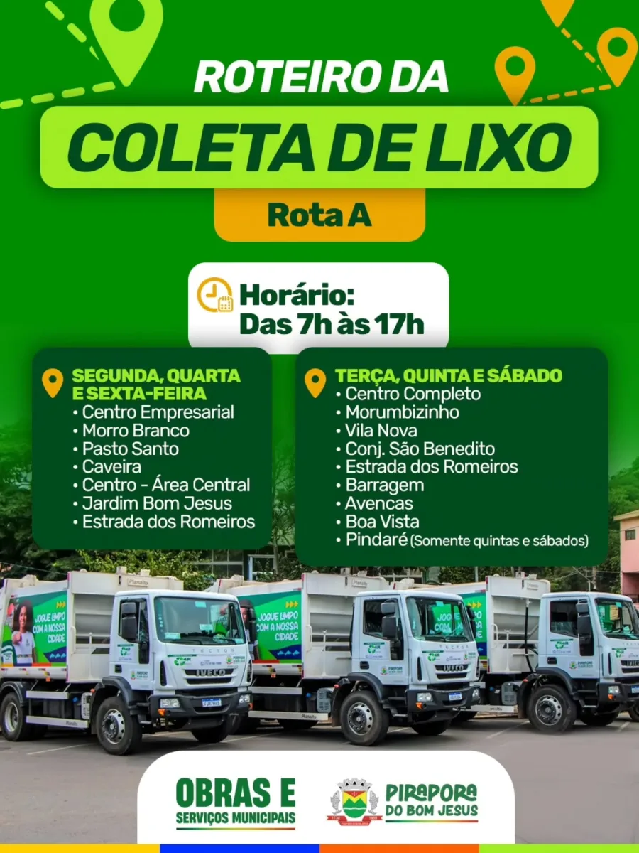 Coleta de lixo em Pirapora: prefeitura divide cidade em rotas A, B e C para agilizar serviço