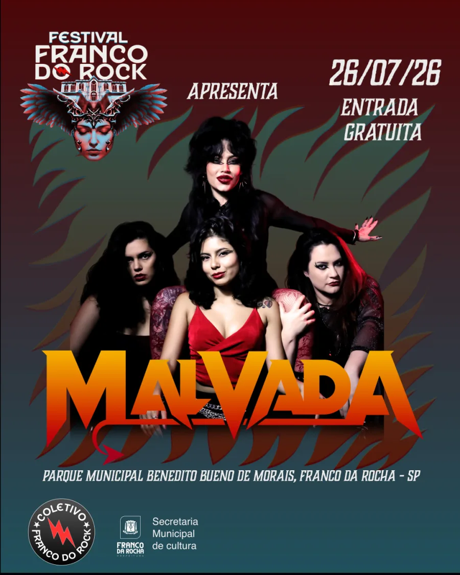 Com entrada gratuita, o show da banda feminina de rock acontecerá no Parque Municipal Benedito Bueno de Morais, em Franco da Rocha.
