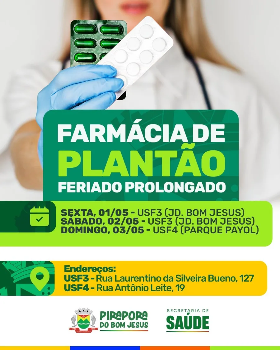 O feriado prolongado de 1º de maio altera o funcionamento de serviços públicos em Pirapora do Bom Jesus, incluindo unidades de saúde. Para manter o atendimento à população, a prefeitura organizou um esquema de farmácia de plantão ao longo do fim de semana.