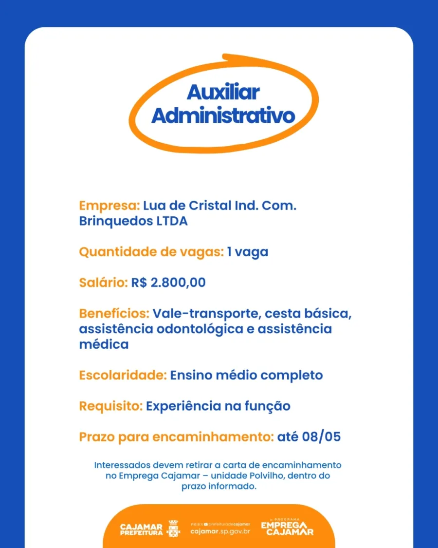 Lua de Cristal abre vaga para auxiliar administrativo em Cajamar com salário de R$ 2,8 mil e benefícios como assistência médica e cesta básica.