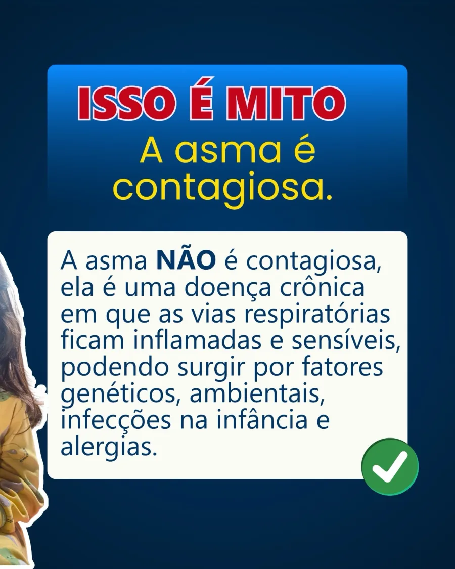 A asma não é contagiosa, é uma doença crônica das vias respiratórias que pode ter causas genéticas, ambientais e alérgicas.