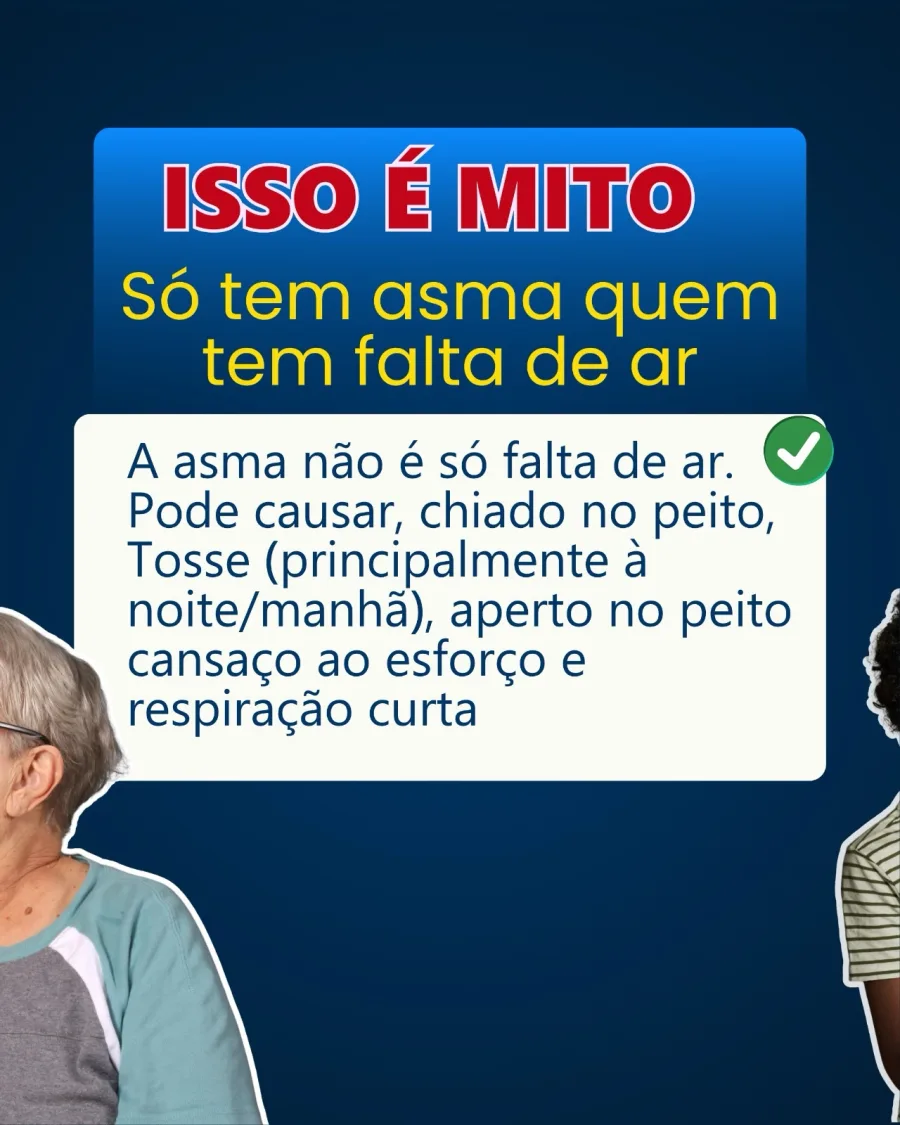 Asma não é só falta de ar, pode incluir chiado, tosse frequente, aperto no peito e cansaço, com sintomas variando ao longo do dia.