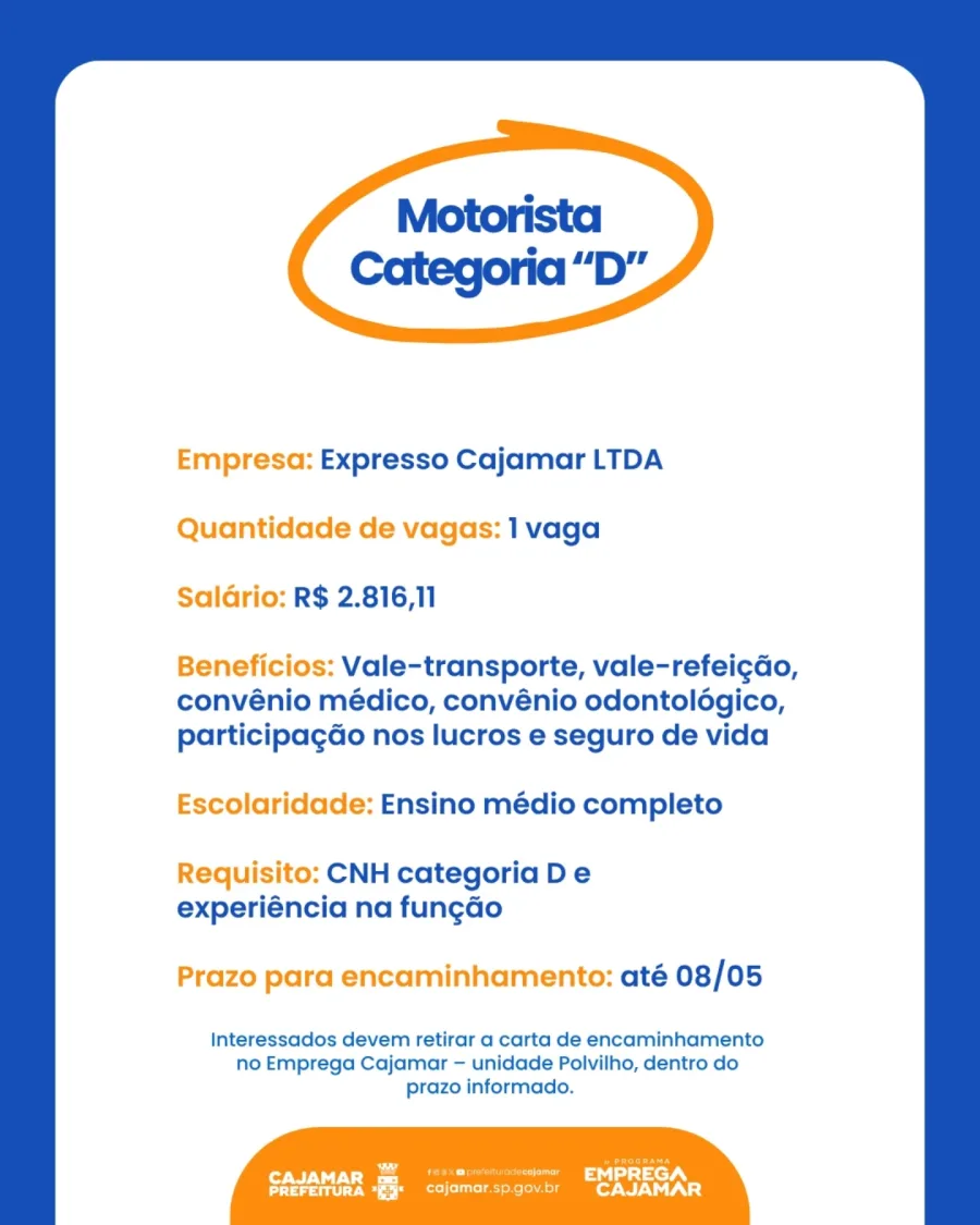 Expresso Cajamar busca motorista categoria D com experiência e oferece salário de R$ 2,8 mil, além de convênios, PLR e seguro de vida.