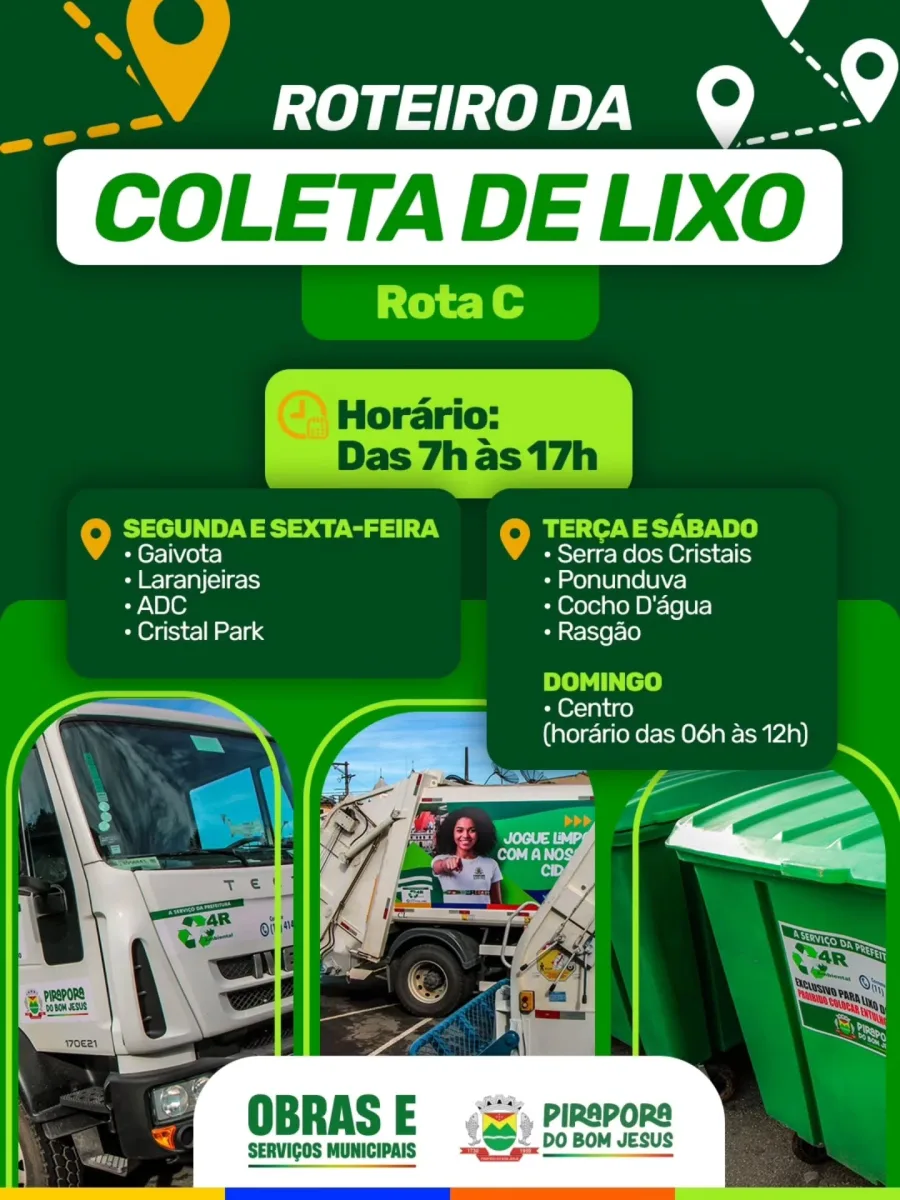 Novo cronograma da coleta em Pirapora funciona de segunda a sábado, das 7h às 17h, com atendimento dividido por bairros.