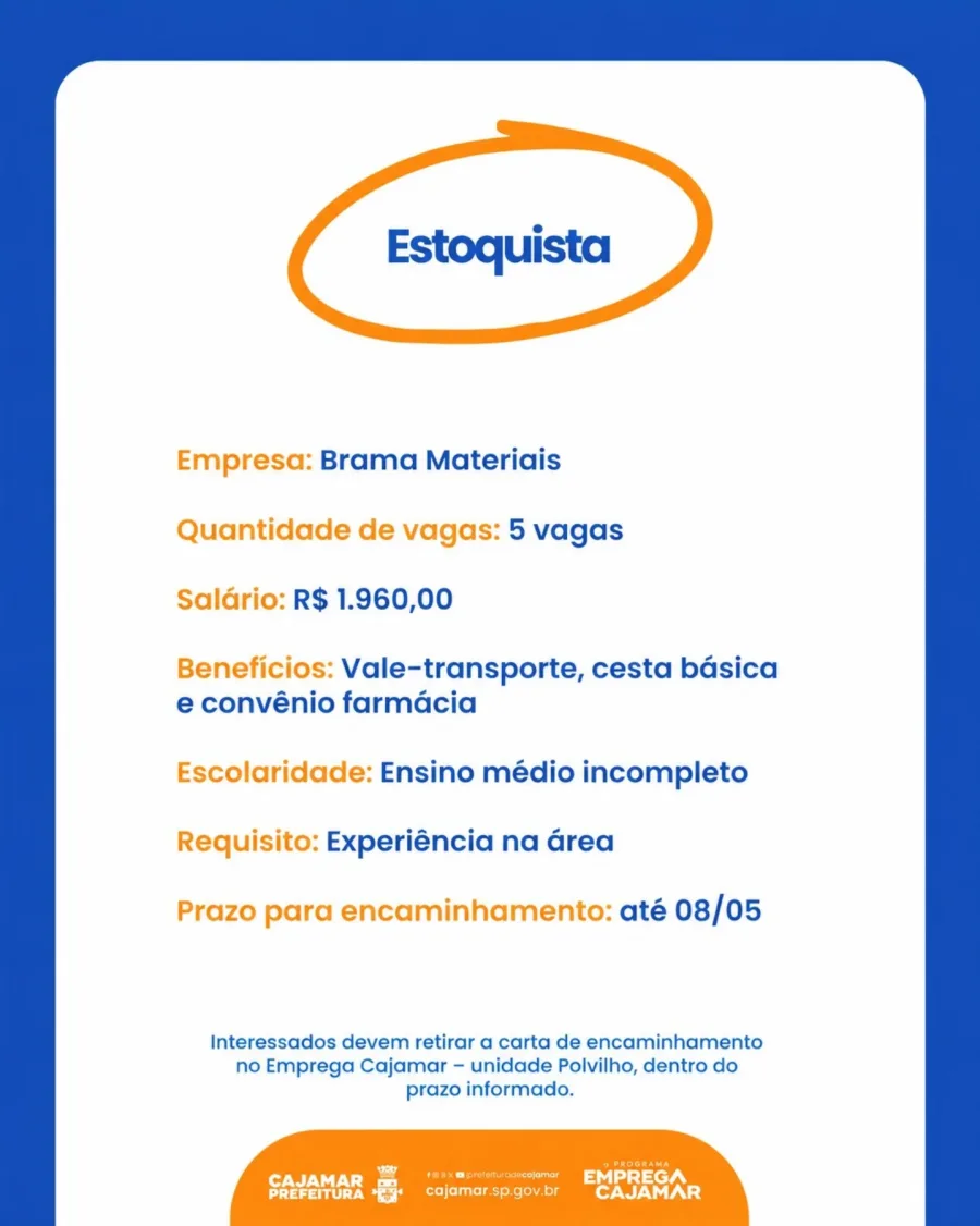 Brama Materiais oferece 5 vagas para estoquista em Cajamar com salário de R$ 1,9 mil e benefícios para candidatos com experiência na área.