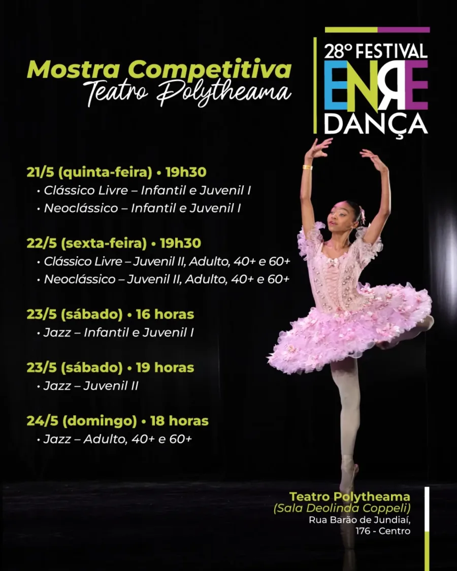 Festival Enredança recebe apresentações de balé clássico, neoclássico e jazz no Teatro Polytheama com sessões voltadas para diferentes faixas etárias.