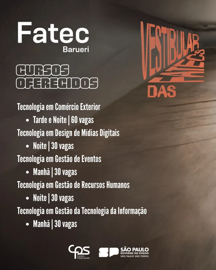 A unidade oferece cursos superiores tecnológicos gratuitos em áreas ligadas à gestão, tecnologia, comércio e comunicação digital, com foco em formação rápida e alinhada às demandas do mercado de trabalho.
